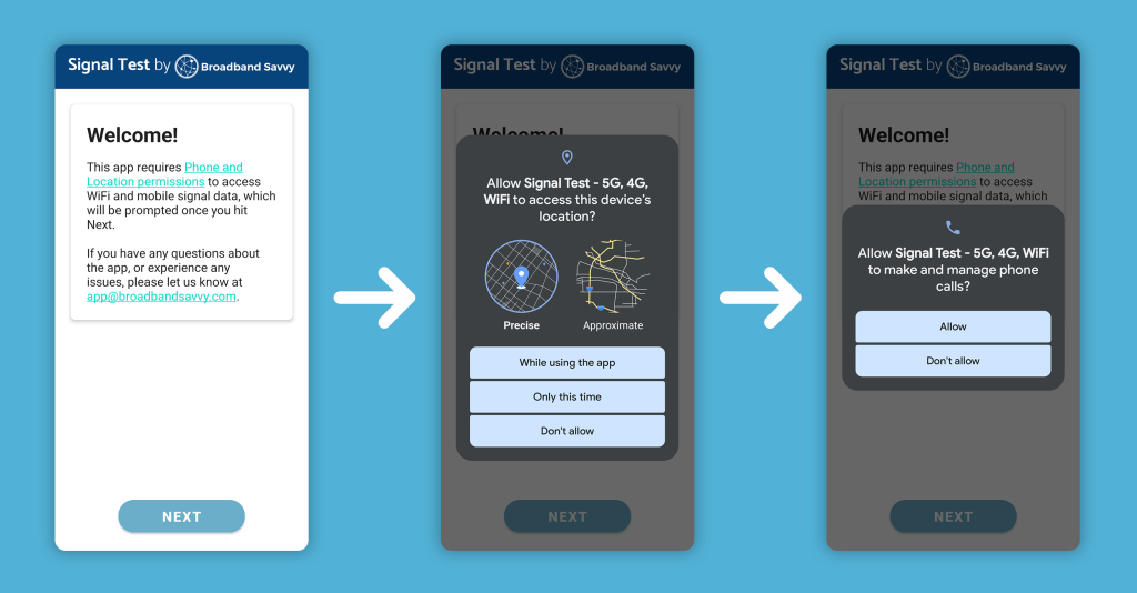 Screenshots showing setting up the Broadband Savvy mobile app.