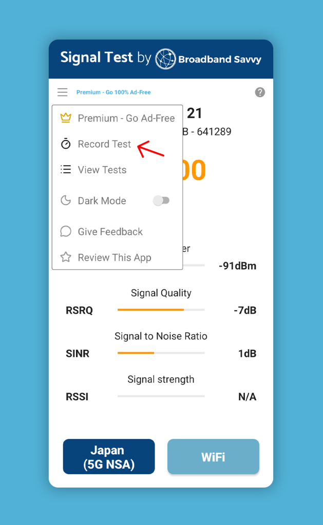 Screenshot showing how to begin recording a test on the Broadband Savvy mobile app.