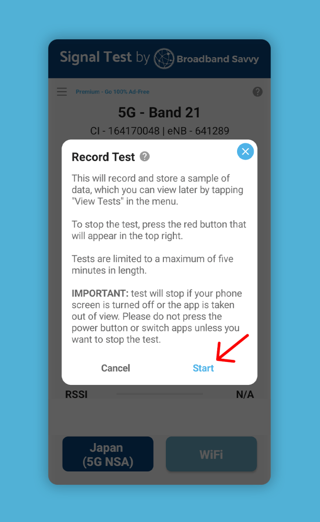 Screenshot showing how to confirm the start of a test on the Broadband Savvy mobile app.