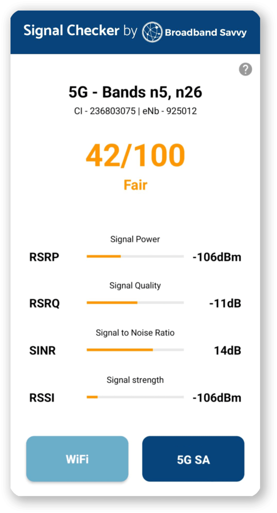 Broadband Savvy Signal Test app screenshot.