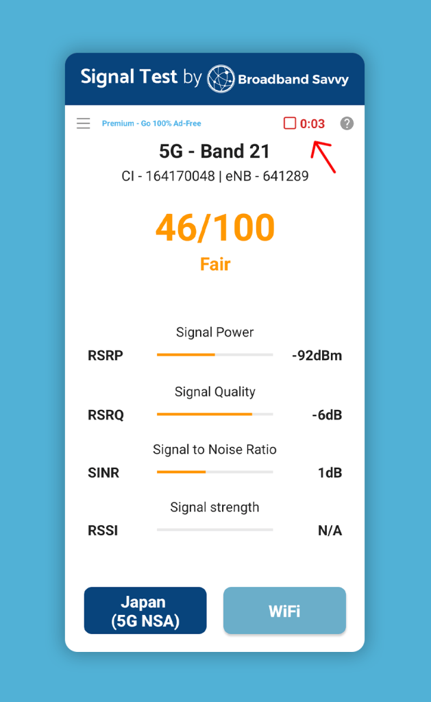 Screenshot showing how to confirm the start of a stop a test on the Broadband Savvy mobile app.