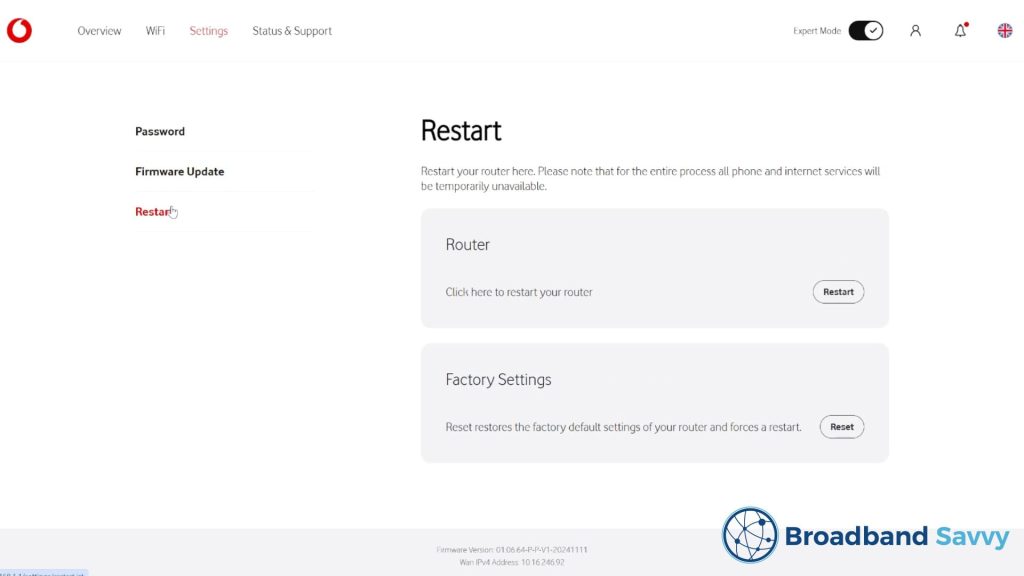Vodafone Ultra Hub 7 admin settings page.