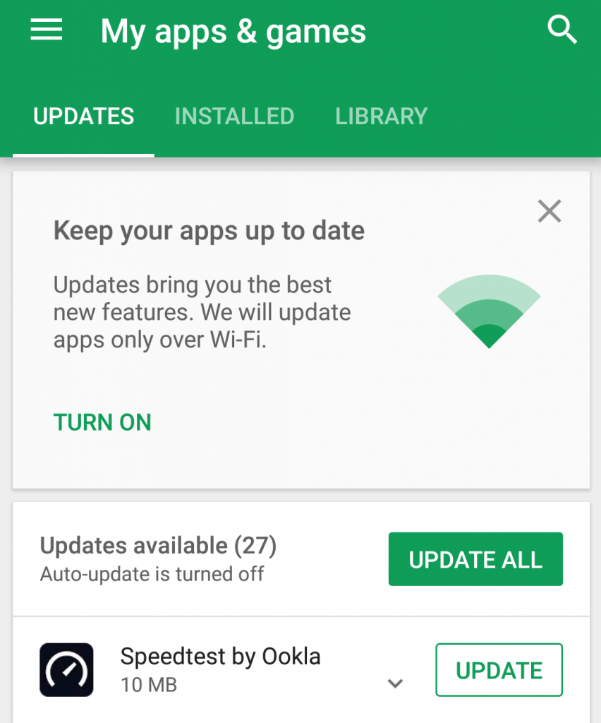 Google Play store automatic update dialog box.