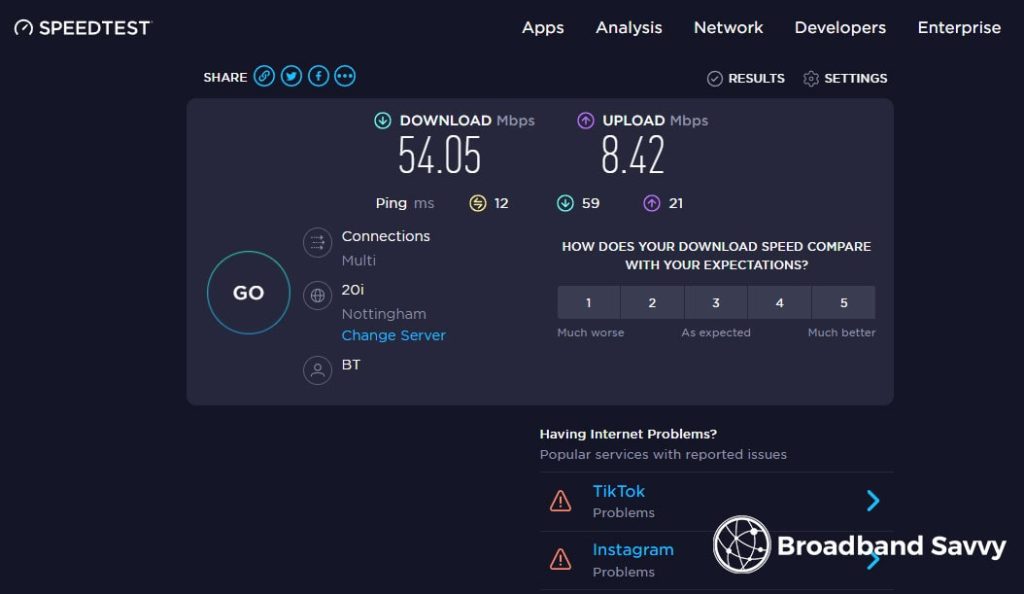 BT Fibre 1 speedtest result.