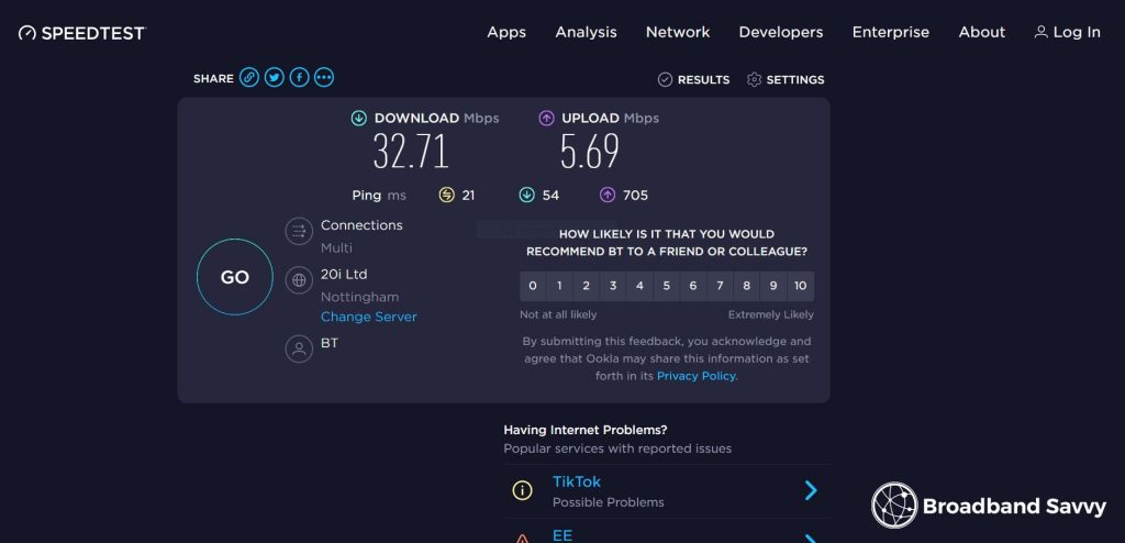 BT Fibre 1 Wi-Fi speed test result.