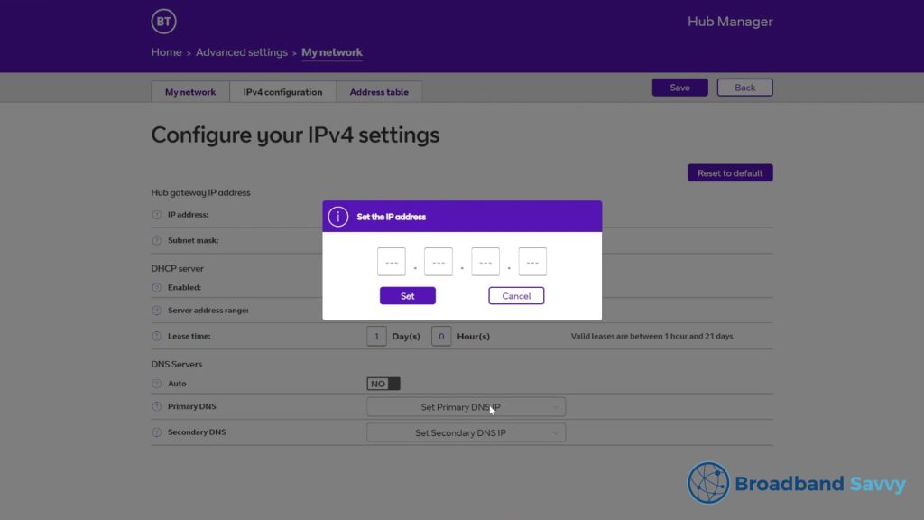 BT Smart Hub 3 DNS option in admin portal.