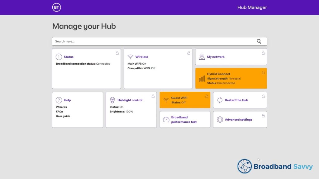 BT Smart Hub 3 admin interface.
