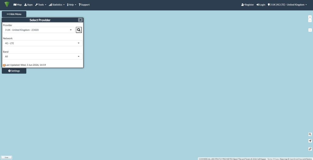 Screenshot showing choosing your mobile internet provider on cellmapper.net.