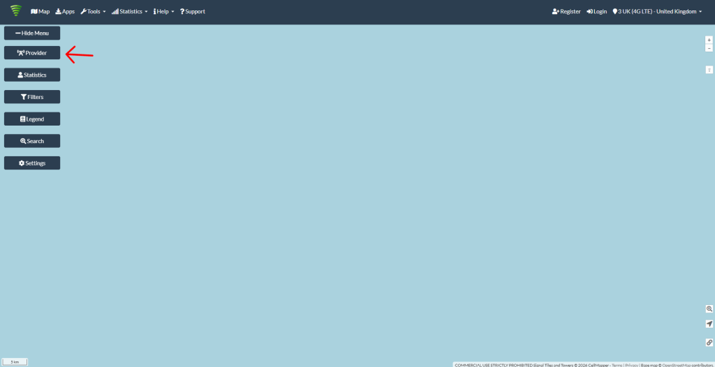 Screenshot showing choosing a mobile provider on cellmapper.net.