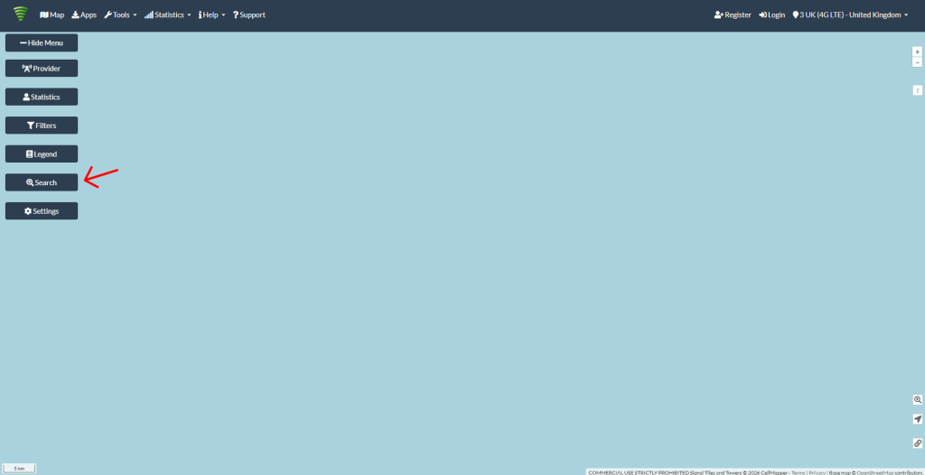 Screenshot showing searching for a mobile mast on cellmapper.net.