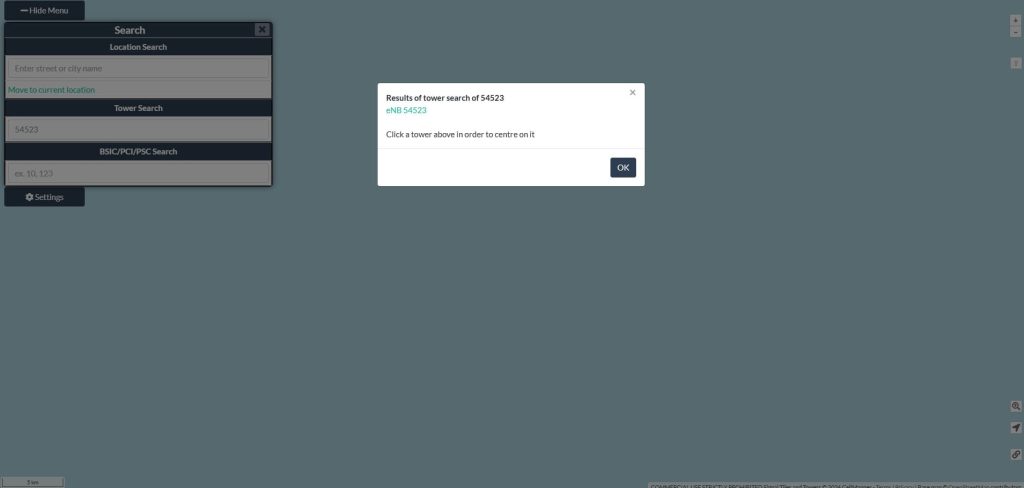 Screenshot showing searching for an eNB value on cellmapper.net.