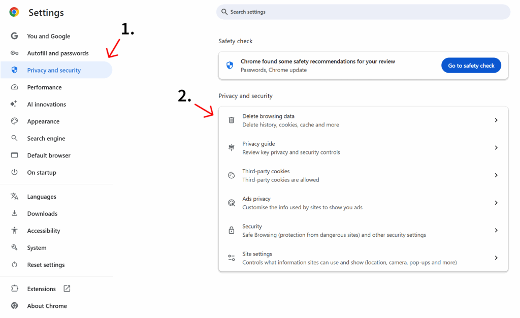 Clearing cookies in Google Chrome.