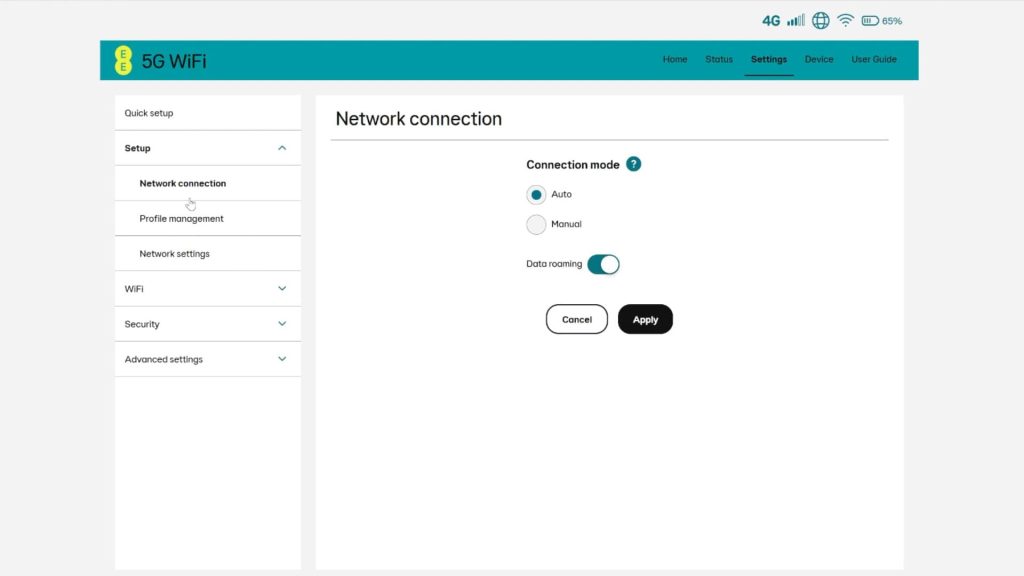 EE 5G WiFi data roaming setting.