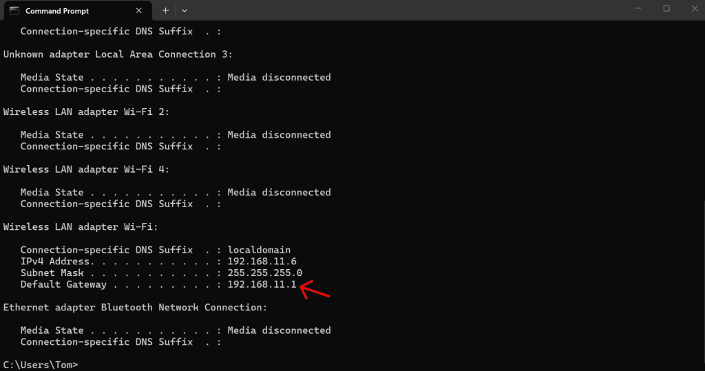 Default Gateway details shown in Windows command prompt.