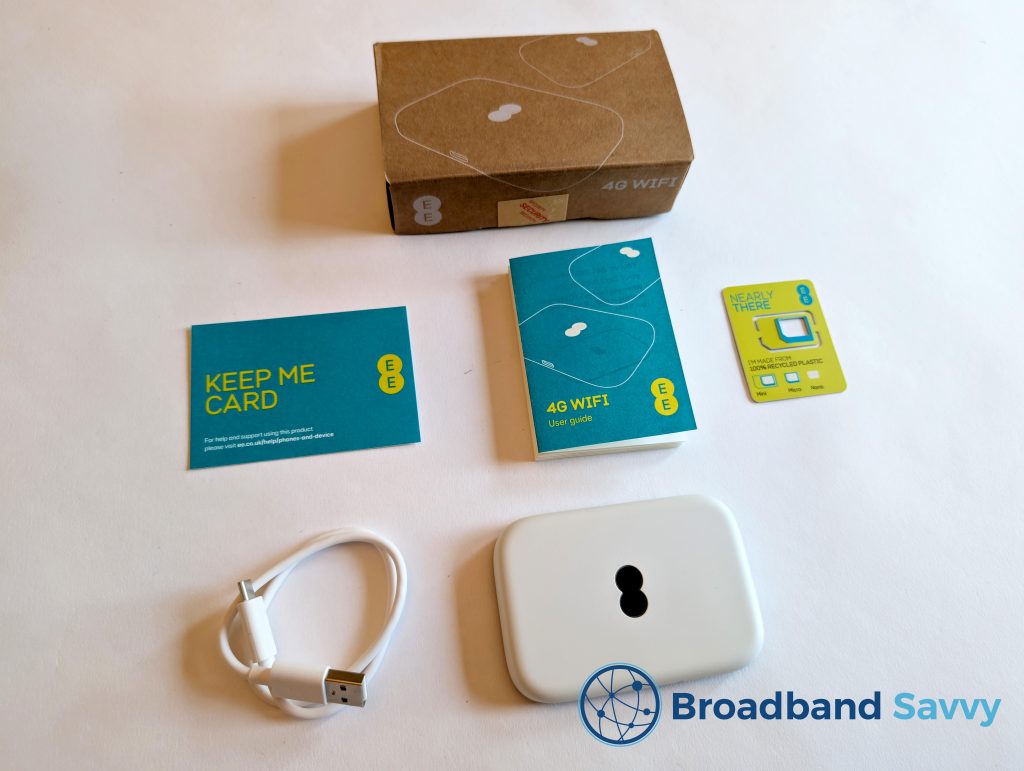 EE 4G MiFi device with box contents.
