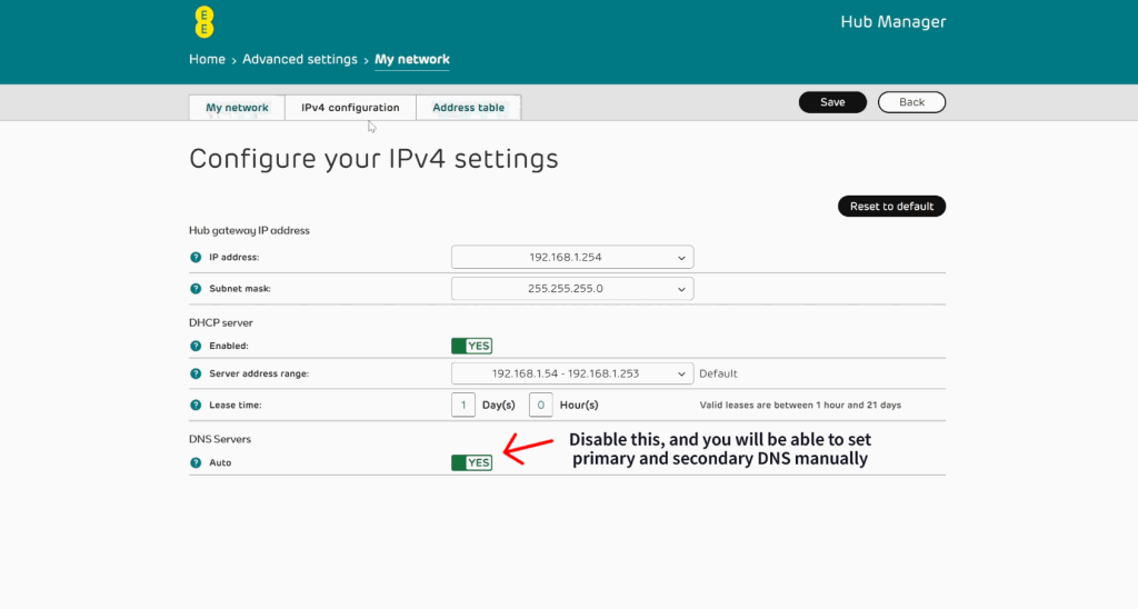 DNS settings on an EE router.