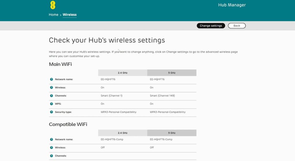 WiFi settings on an EE router.