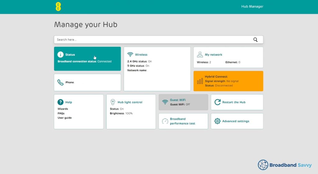 EE Smart Hub Plus settings.