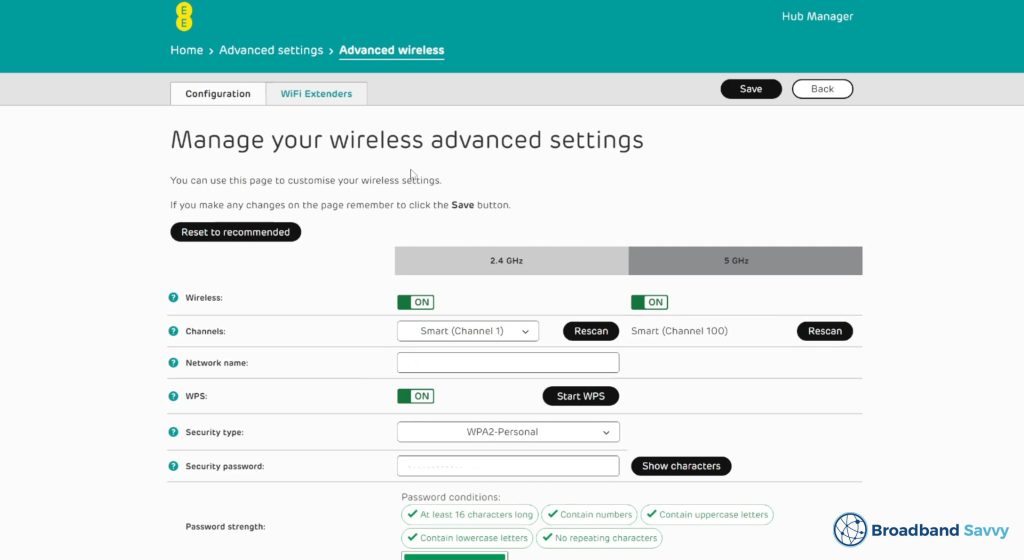 EE Smart Hub Plus wireless access settings.