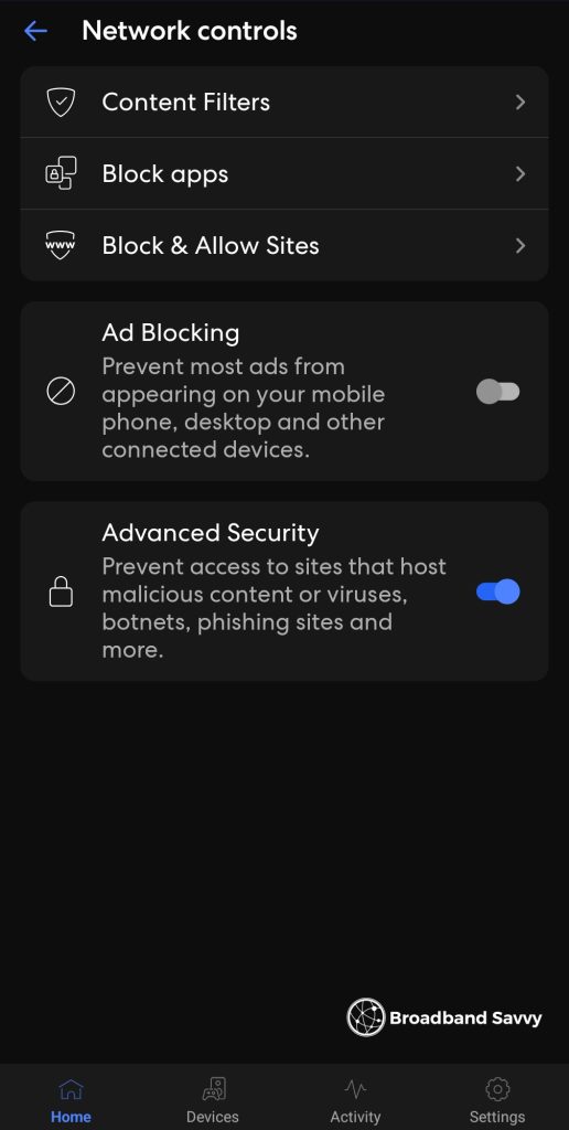 eero app screenshot, showing ad blocking and security controls.