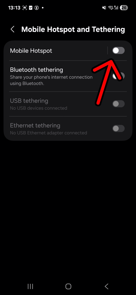 Enabling the hotspot on an Android phone.