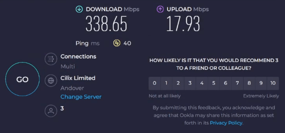 Three 5G Hub Ethernet speed test result.