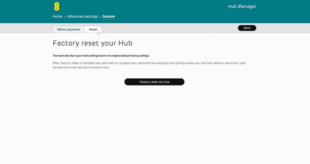 Factory reset option on an EE router.