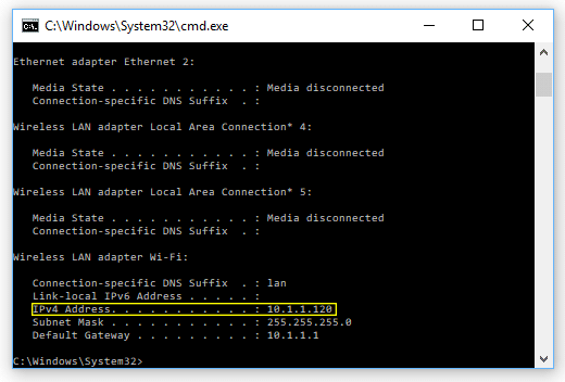 Finding static IP address in command prompt.