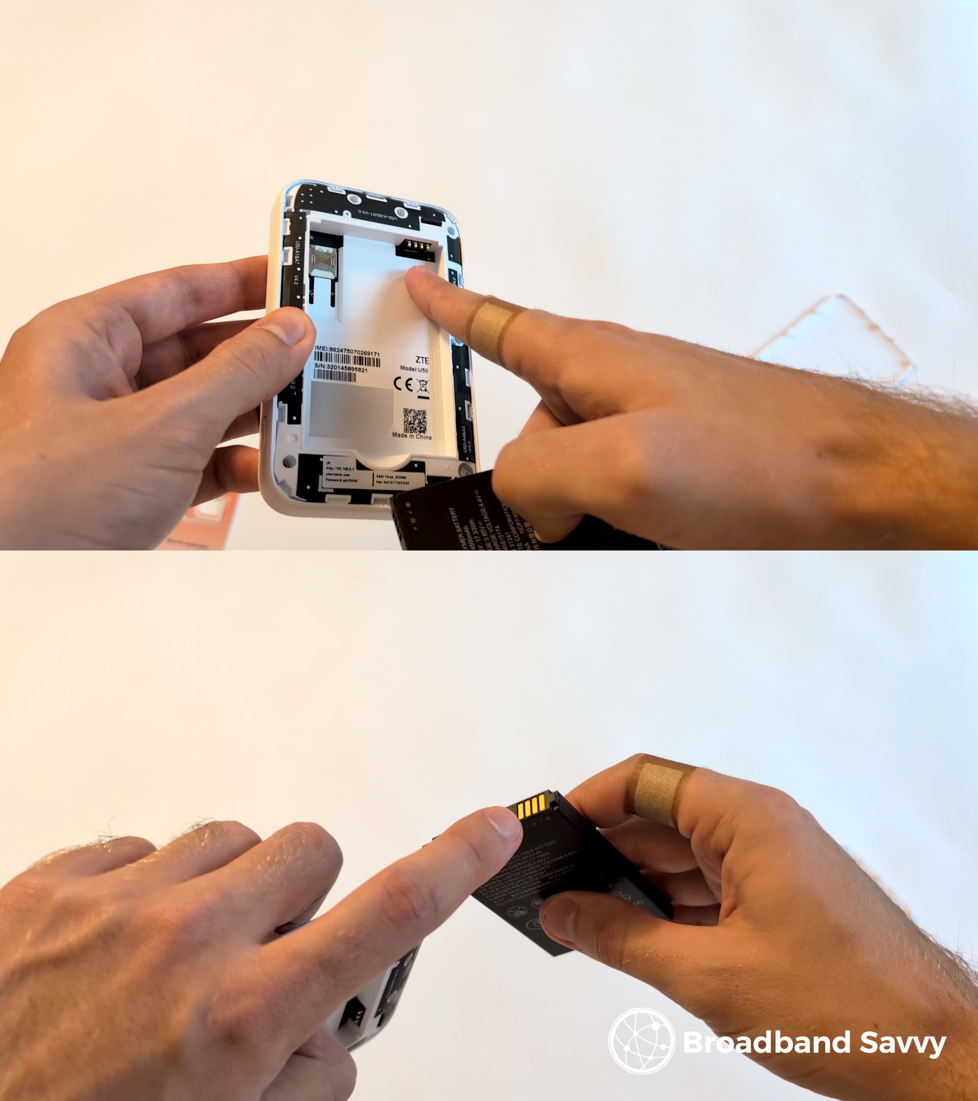 Showing the contact points on the battery and MiFi device.