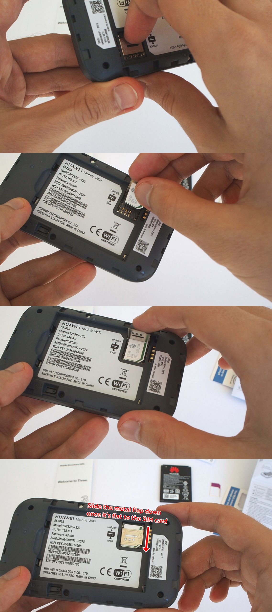 Inserting the SIM card into the Three MiFi device.