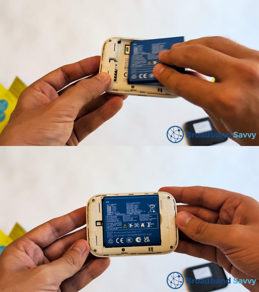 Inserting the battery in the 4G MiFi device.