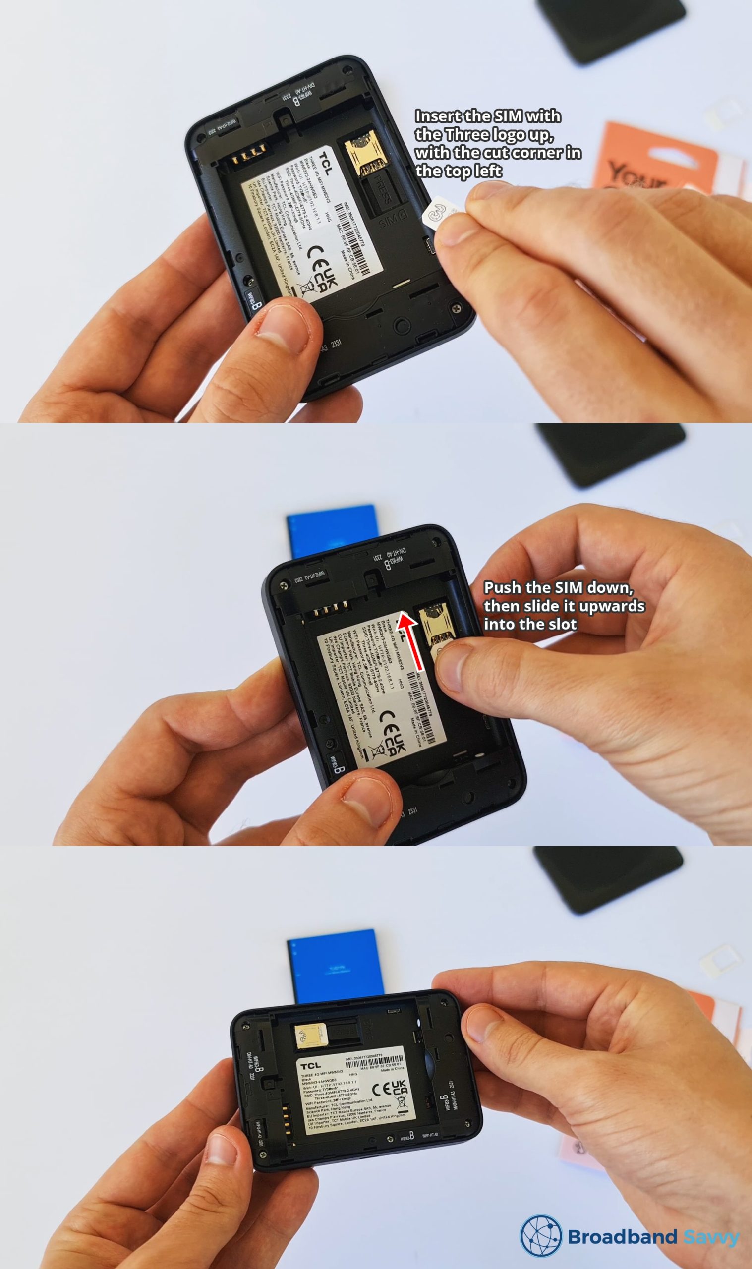 Inserting the SIM card into the TCL mobile Wi-Fi device.