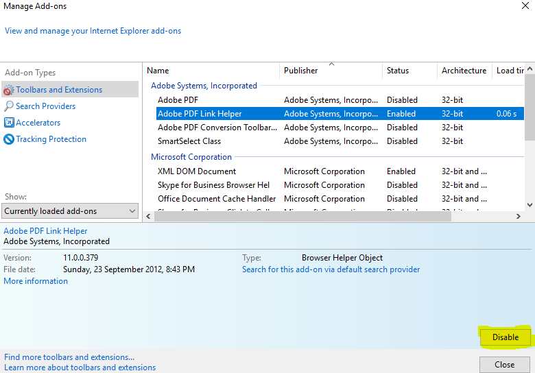 Internet explorer manage add-ons user interface.