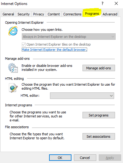 Internet explorer programs tab.