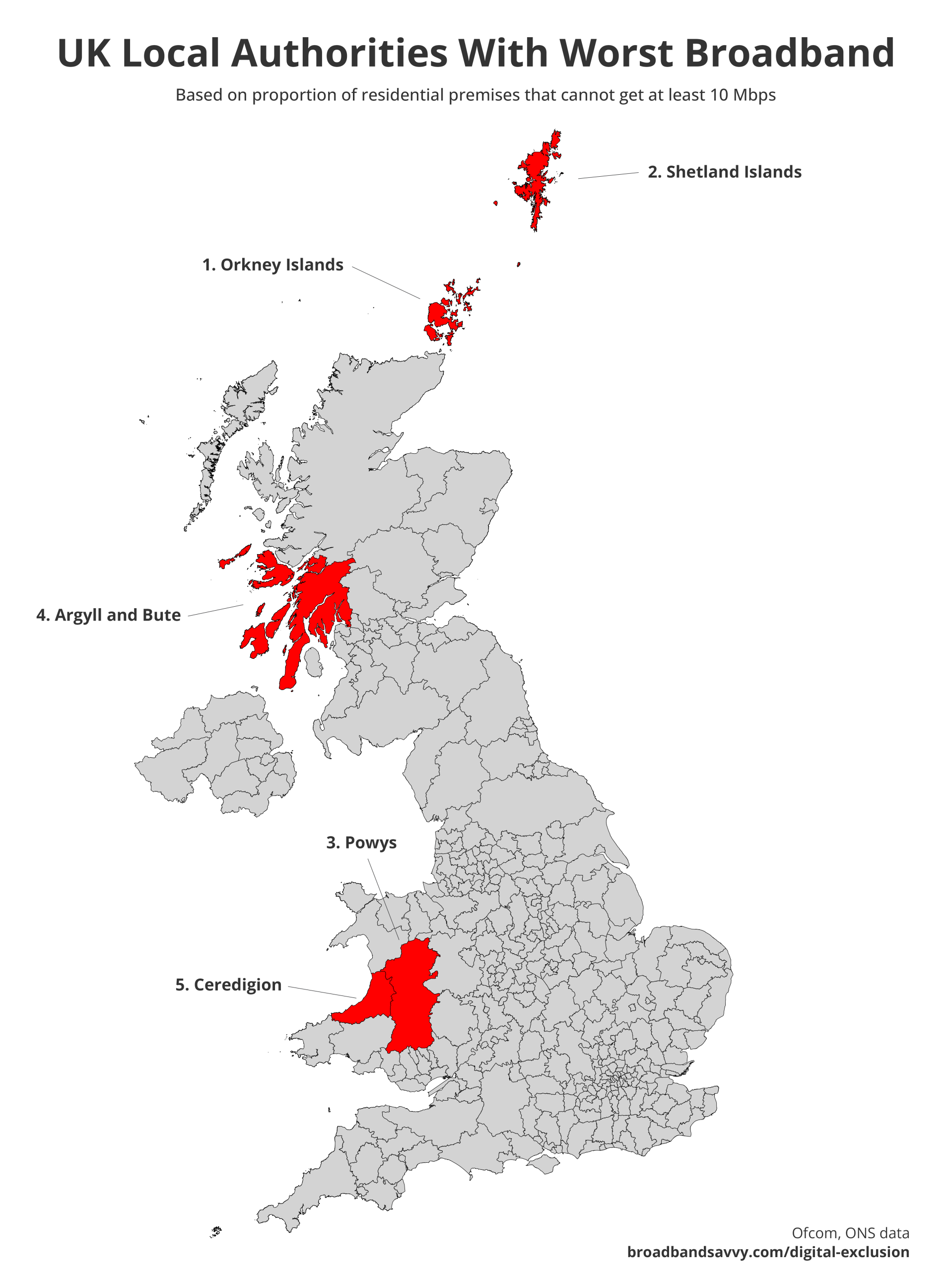 Worst local authorities for broadband in the UK map.