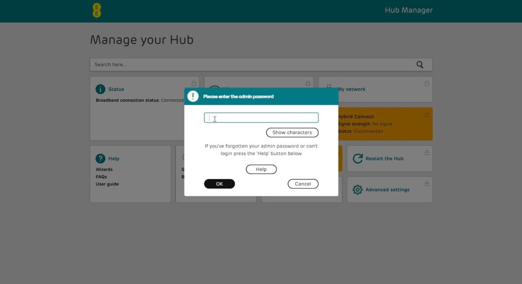 Logging into the admin portal on EE router.