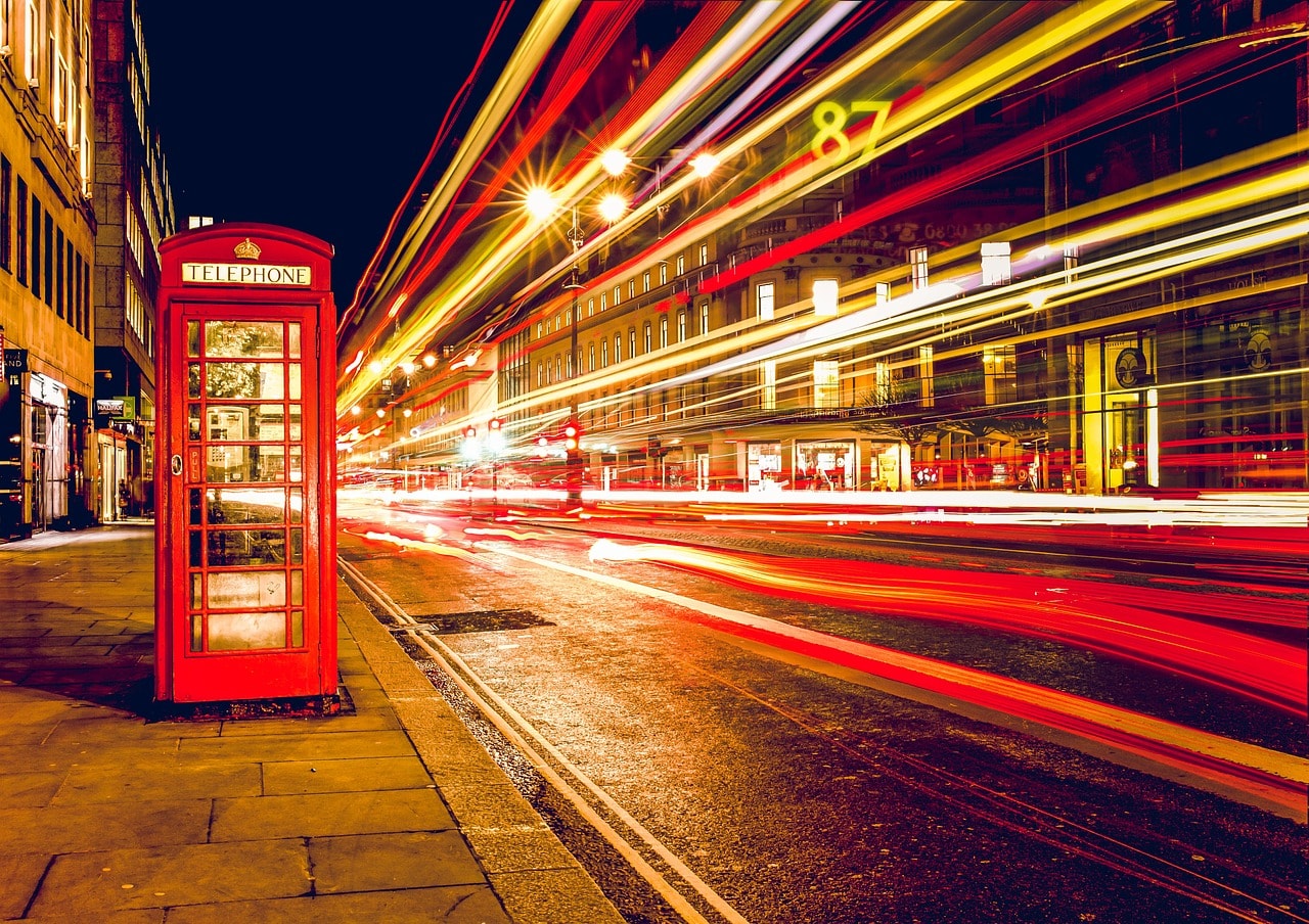 Telephone box on a street in London.