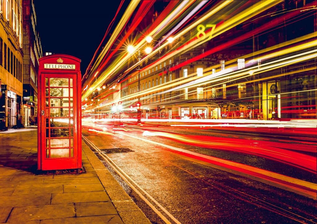 A red telephone box in London.