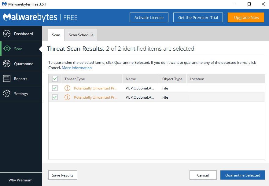 Malwarebytes scan results.