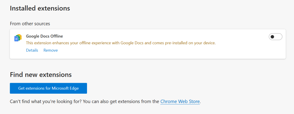 Microsoft Edge manage addons screen.