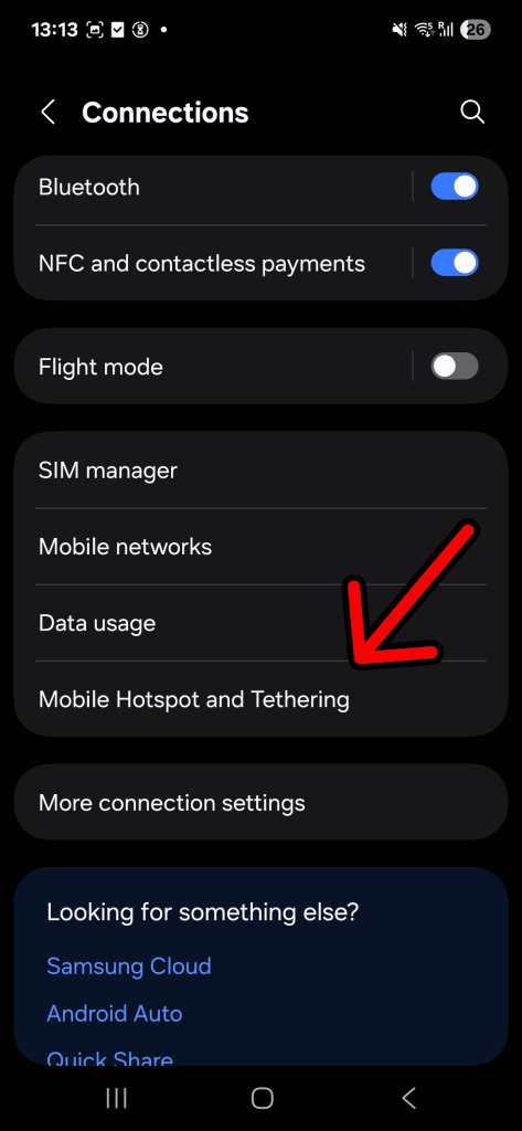 Mobile hotspot option on an Android phone.