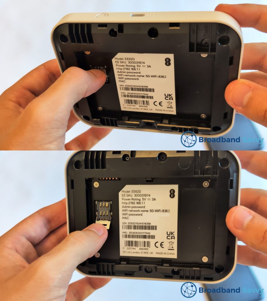 Opening the SIM slot on the EE 5G MiFi device.