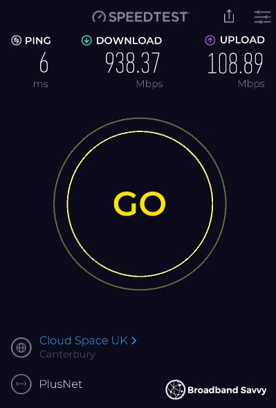 Plusnet Full Fibre 900 Ethernet speed test.