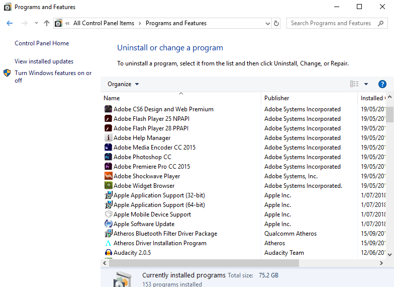 Programs and features list on Windows 10.