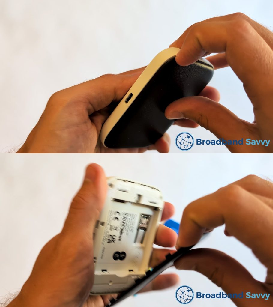 Removing the back cover from the MiFi device.