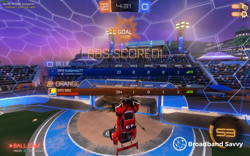 In-game screenshot playing Rocket League on the Outdoor 5G Hub.