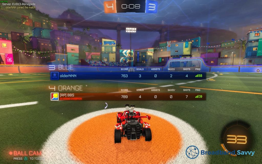 Rocket League screenshot using a wired connection to the EE Smart 5G Hub.