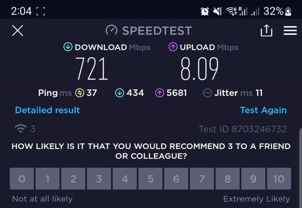 Speedtest result using the Three 5G Hub.