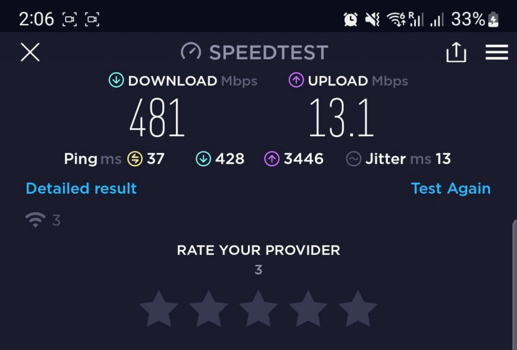 Speed test result three with the 5G Hub.