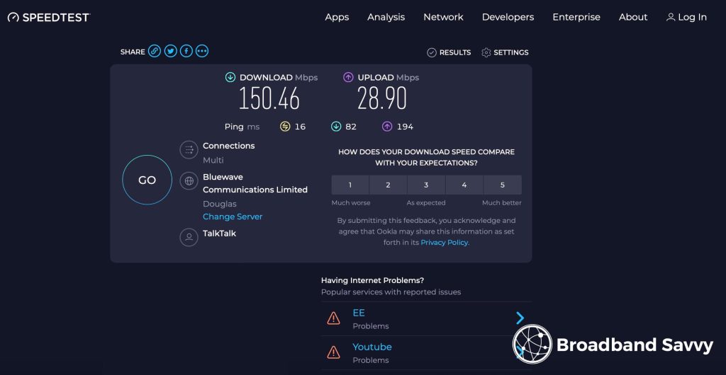 TalkTalk Fibre 150 speed test.